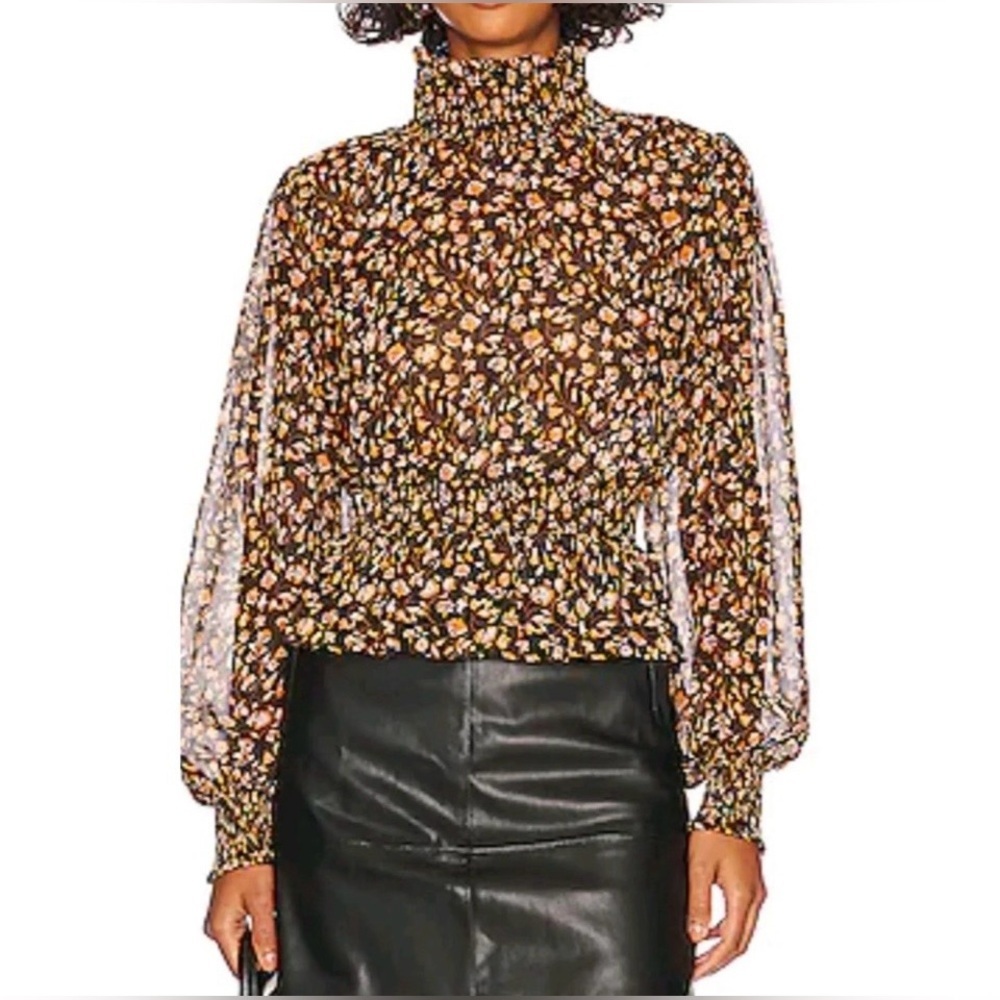 MINKPINK Mira Floral Shirred Smocked Blouse Black Gold Sz S Boho Cottagecore